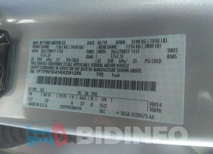 1FTFW1E41KKD91256 Photo# 9