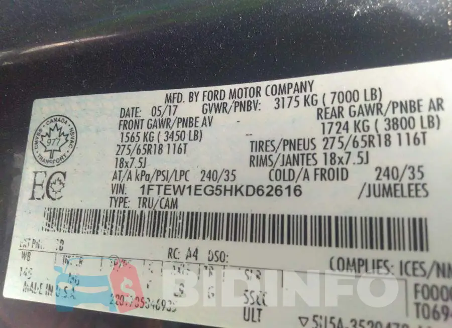 1FTEW1EG5HKD62616 Photo# 9