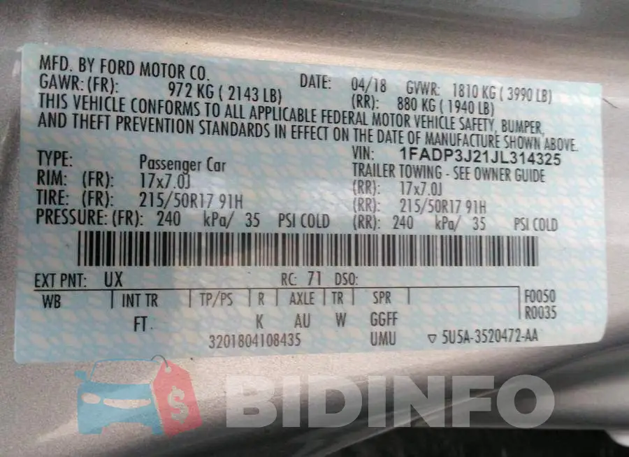 1FADP3J21JL314325 Photo# 9