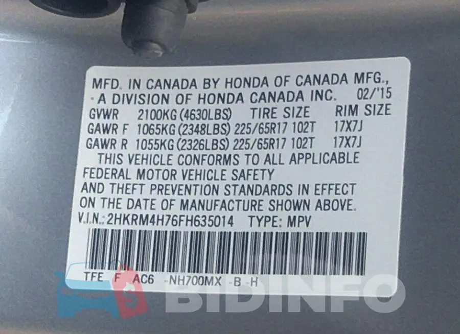 2HKRM4H76FH635014 Photo# 9