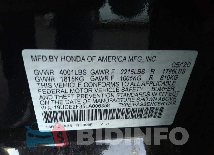 19UDE2F35LA006358 Photo# 9