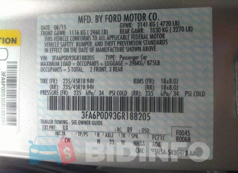 3FA6P0D93GR188205 Photo# 9