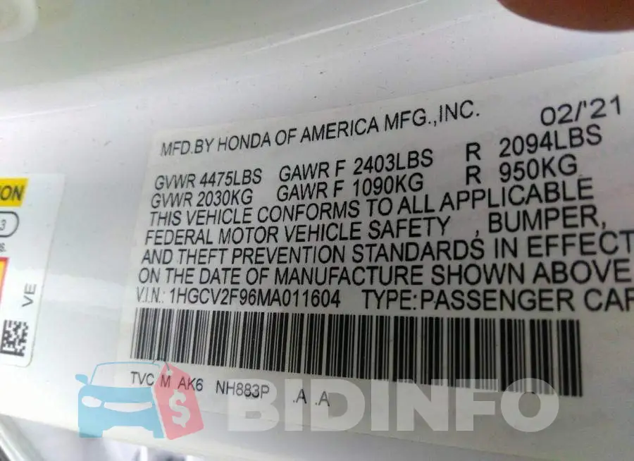 1HGCV2F96MA011604 Photo# 9