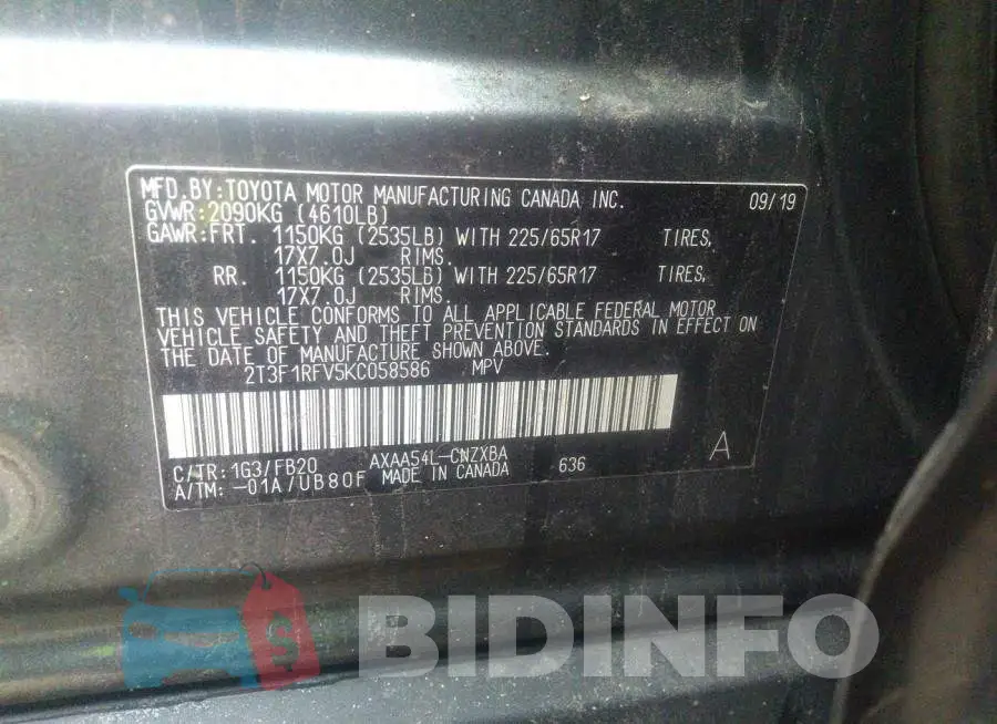 2T3F1RFV5KC058586 Photo# 9