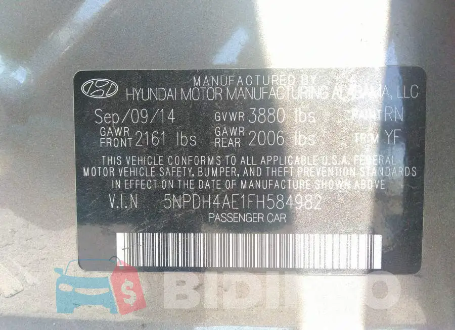 5NPDH4AE1FH584982 Photo# 9