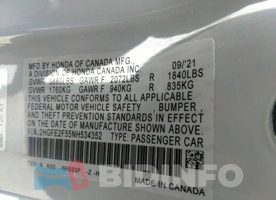 2HGFE2F55NH534352 Photo# 9