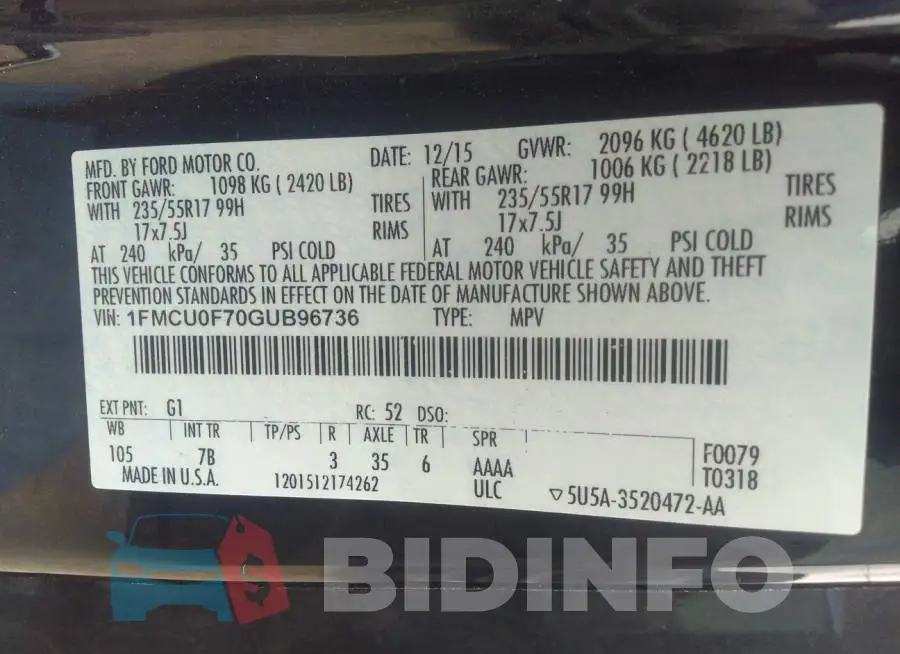 1FMCU0F70GUB96736 Photo# 9