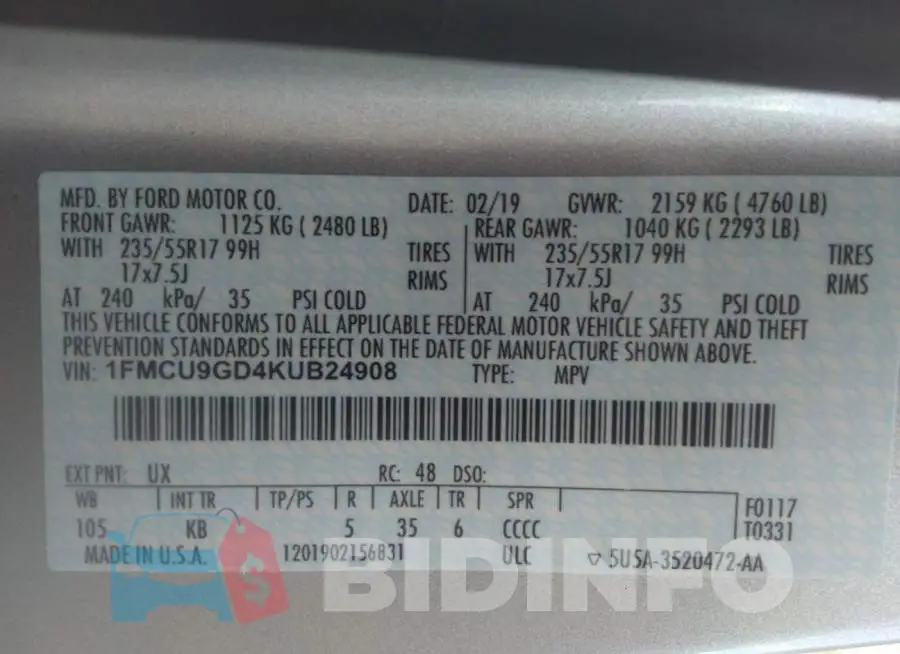 1FMCU9GD4KUB24908 Photo# 9
