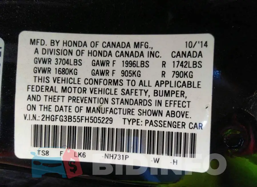 2HGFG3B55FH505229 Photo# 9