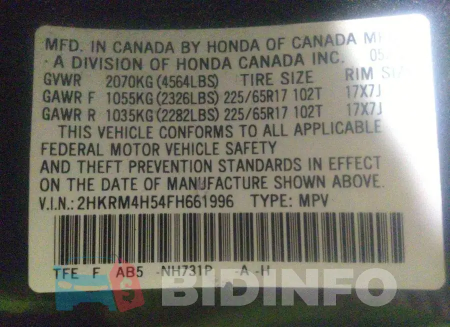 2HKRM4H54FH661996 Photo# 9