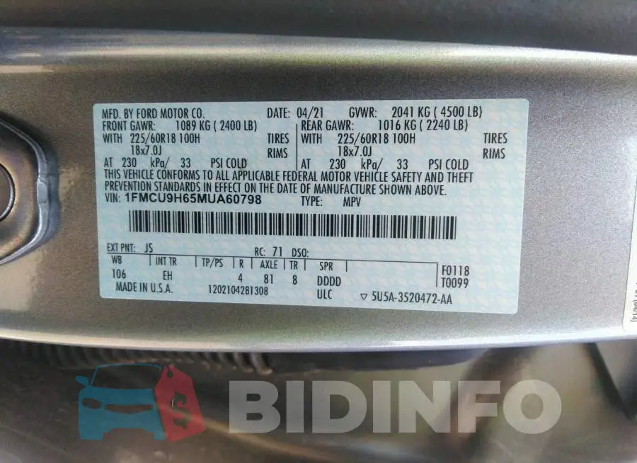 1FMCU9H65MUA60798 Photo# 9