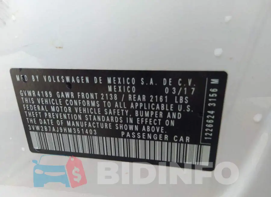 3VW2B7AJ9HM351403 Photo# 9