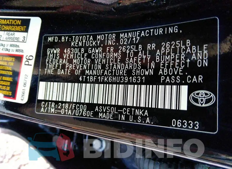 4T1BF1FK6HU391631 Photo# 9