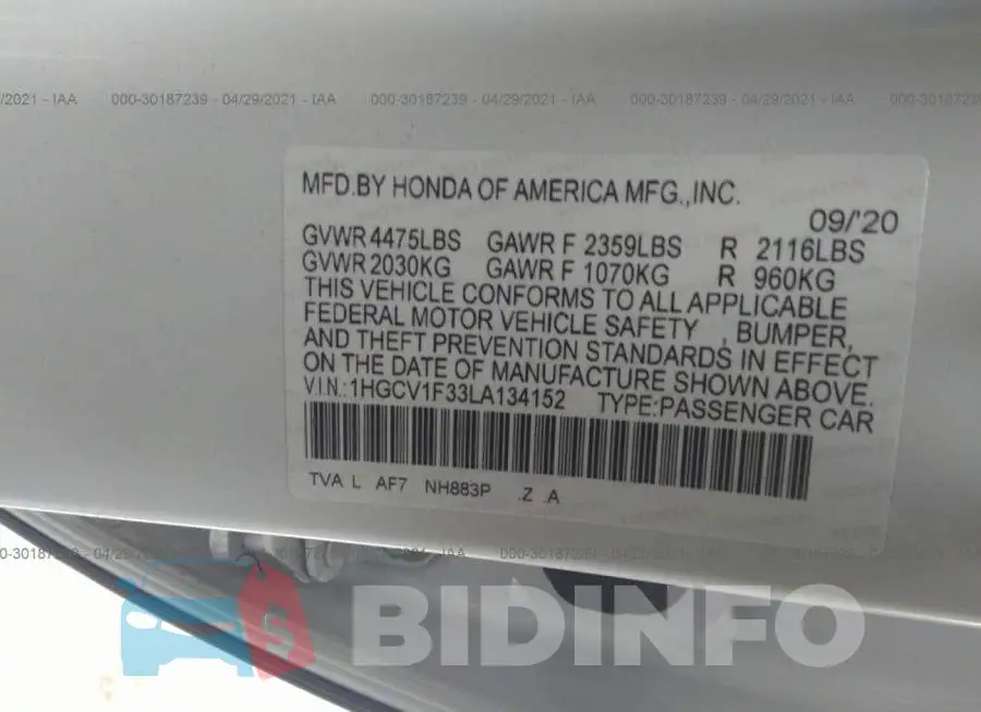 1HGCV1F33LA134152 Photo# 9