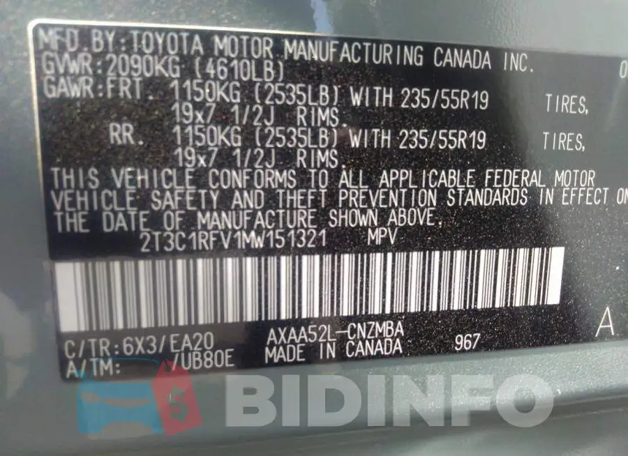 2T3C1RFV1MW151321 Photo# 9