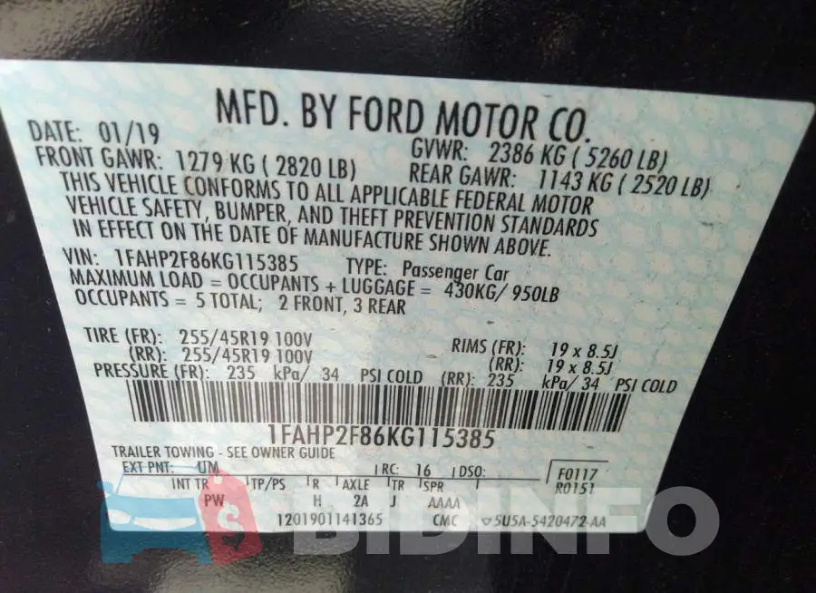 1FAHP2F86KG115385 Photo# 9