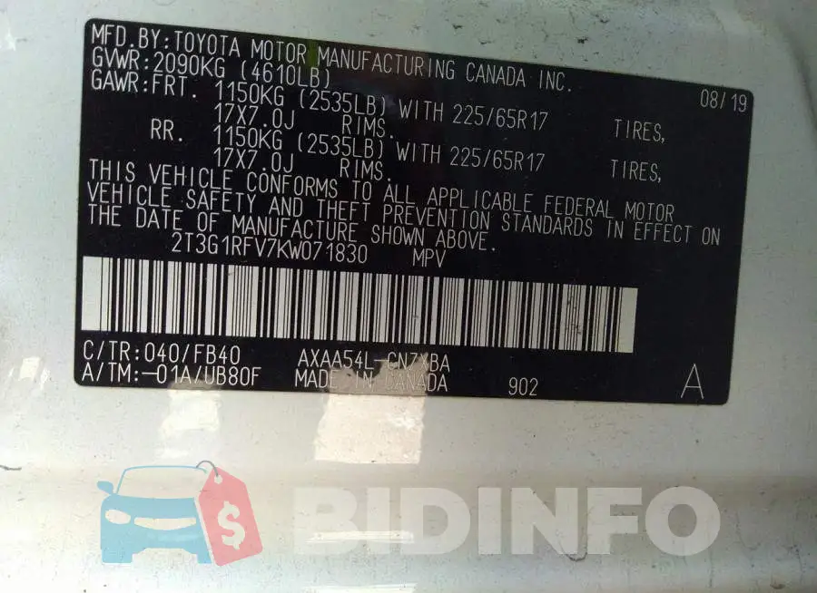 2T3G1RFV7KW071830 Photo# 9