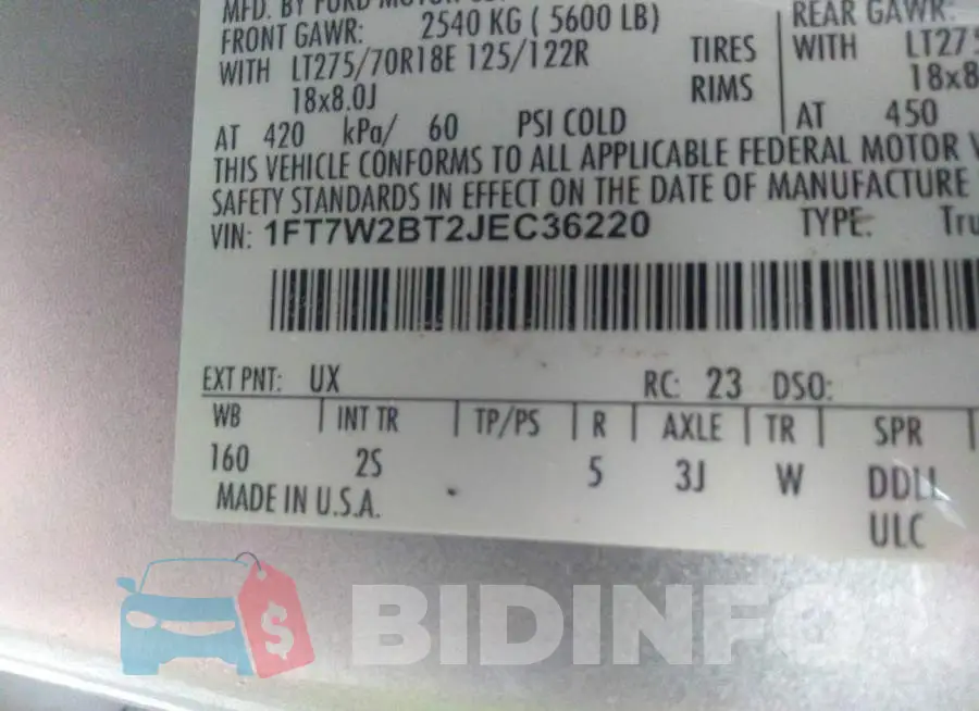 1FT7W2BT2JEC36220 Photo# 9