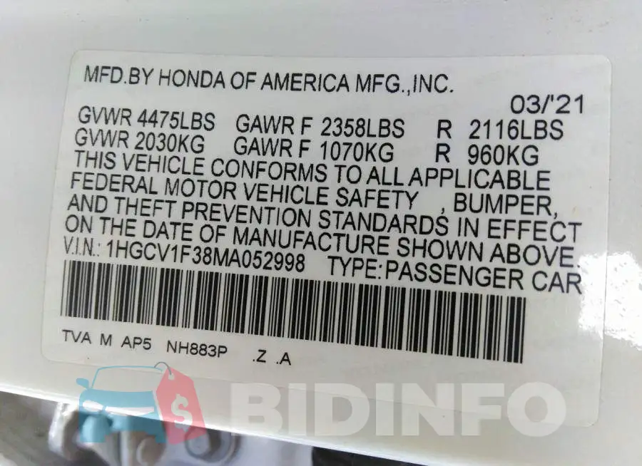 1HGCV1F38MA052998 Photo# 9