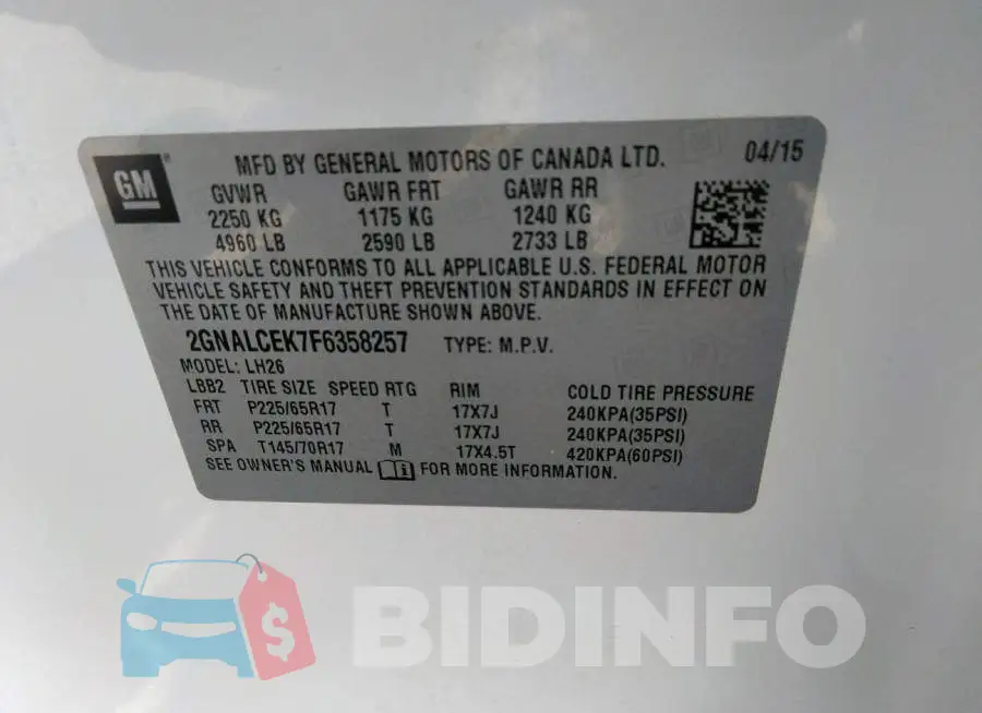 2GNALCEK7F6358257 Photo# 9