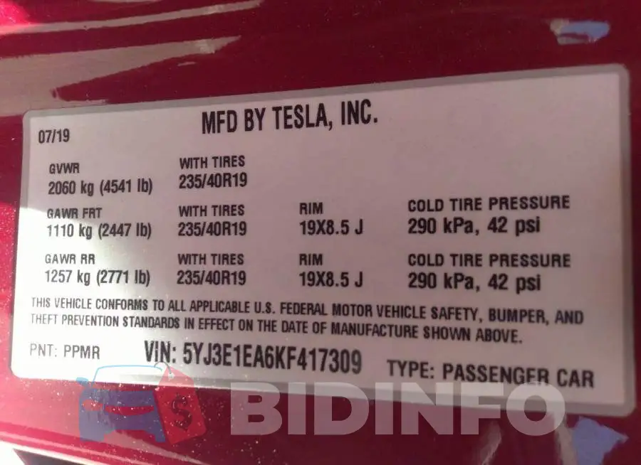 5YJ3E1EA6KF417309 Photo# 9