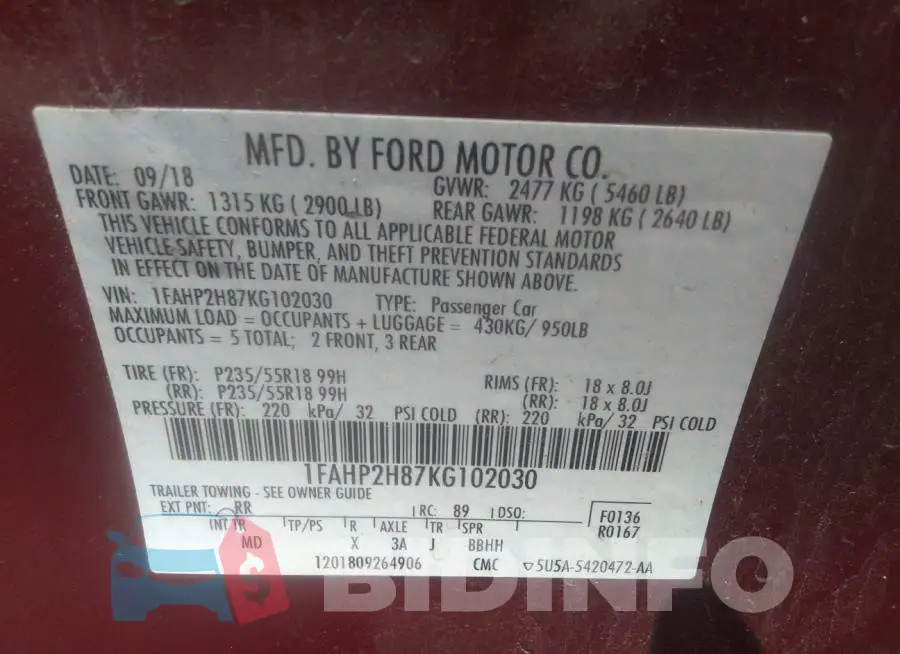 1FAHP2H87KG102030 Photo# 9