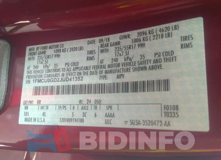 1FMCU0GD2JUD41352 Photo# 9