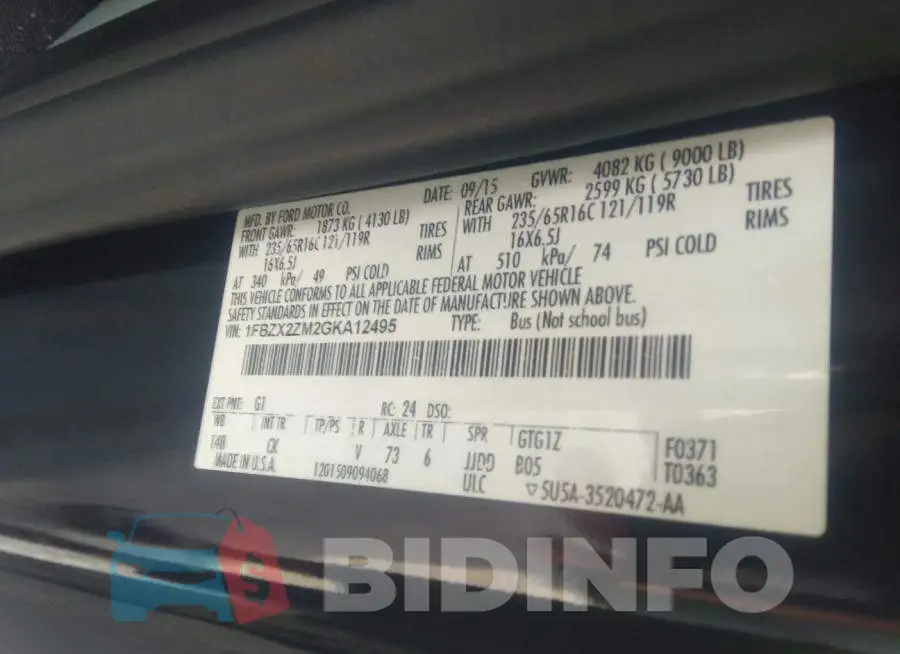 1FBZX2ZM2GKA12495 Photo# 9
