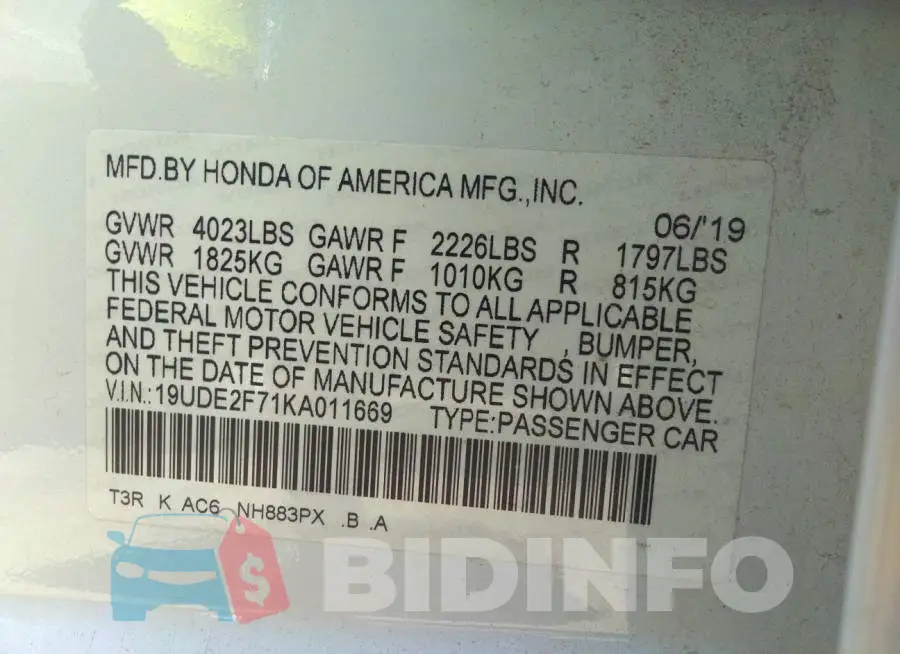 19UDE2F71KA011669 Photo# 9