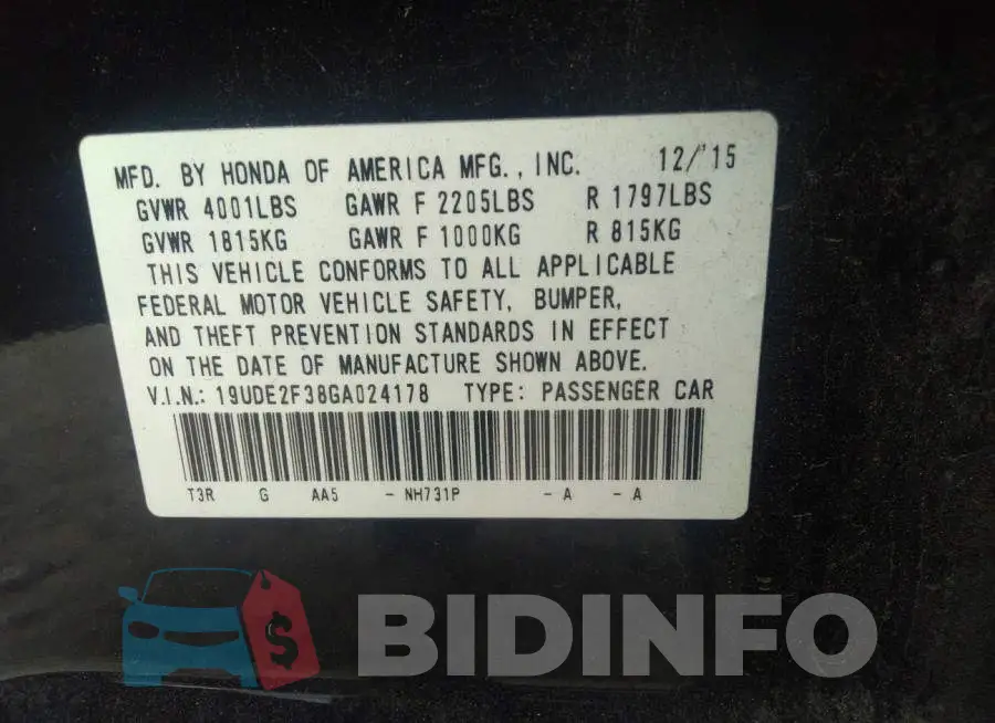 19UDE2F38GA024178 Photo# 9