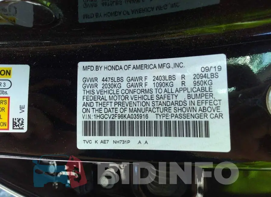 1HGCV2F96KA035916 Photo# 9
