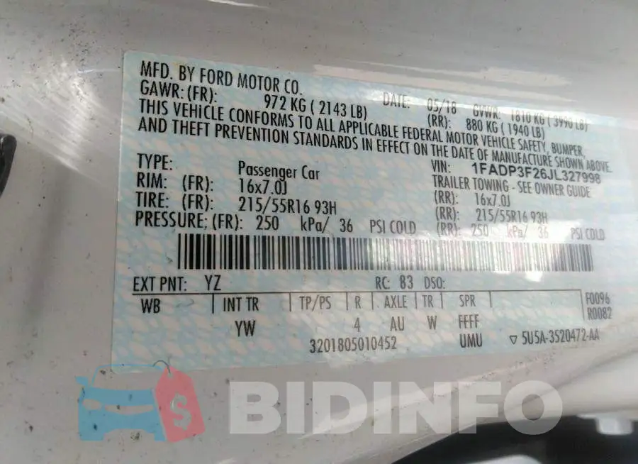 1FADP3F26JL327998 Photo# 9