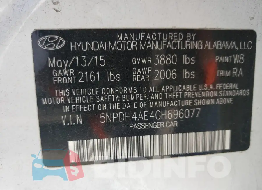 5NPDH4AE4GH696077 Photo# 12