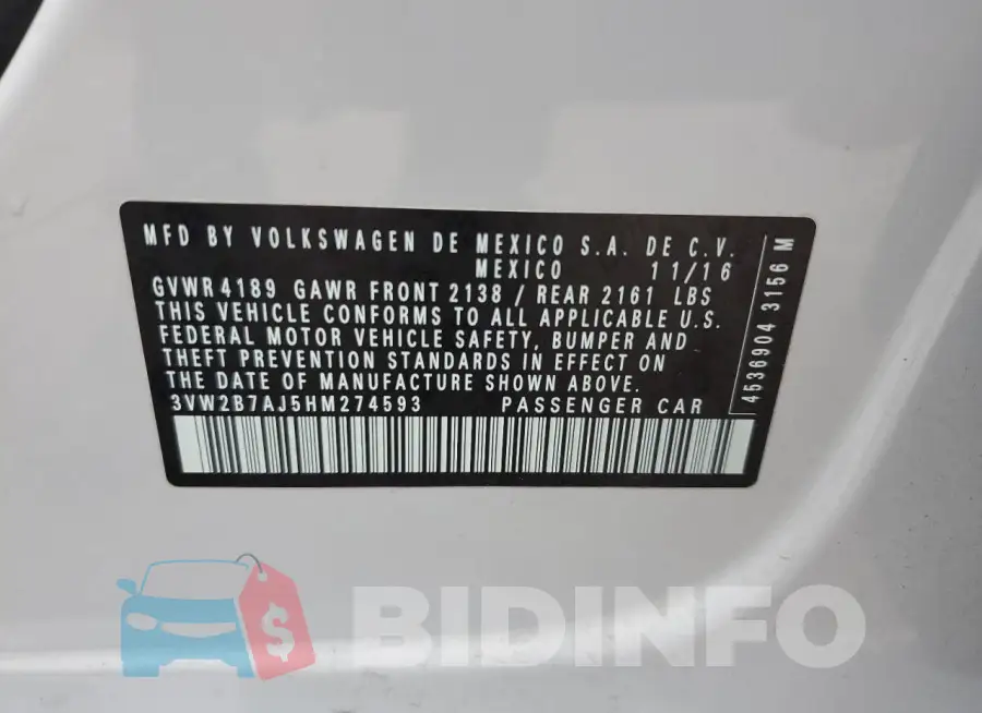 3VW2B7AJ5HM274593 Photo# 12