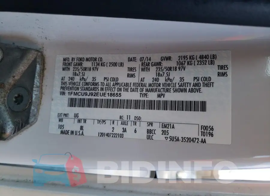 1FMCU9J92EUE18655 Photo# 12