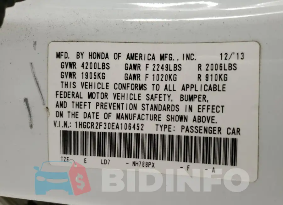 1HGCR2F30EA106452 Photo# 13