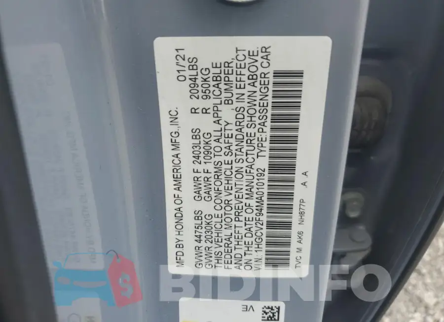 1HGCV2F94MA010192 Photo# 12