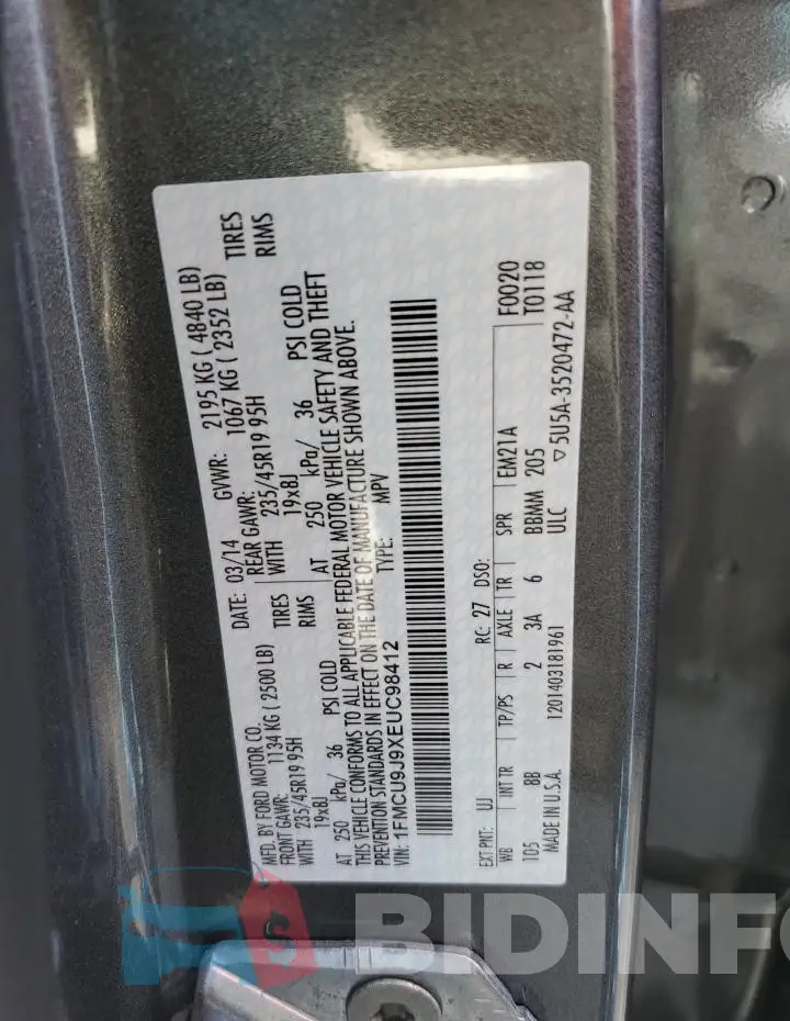 1FMCU9J9XEUC98412 Photo# 13
