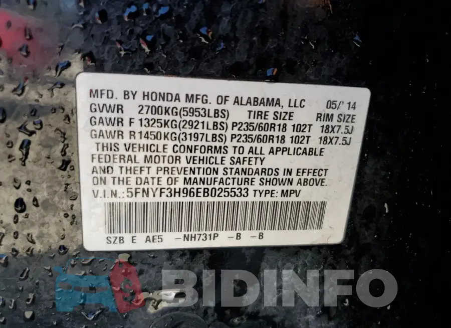 5FNYF3H96EB025533 Photo# 12