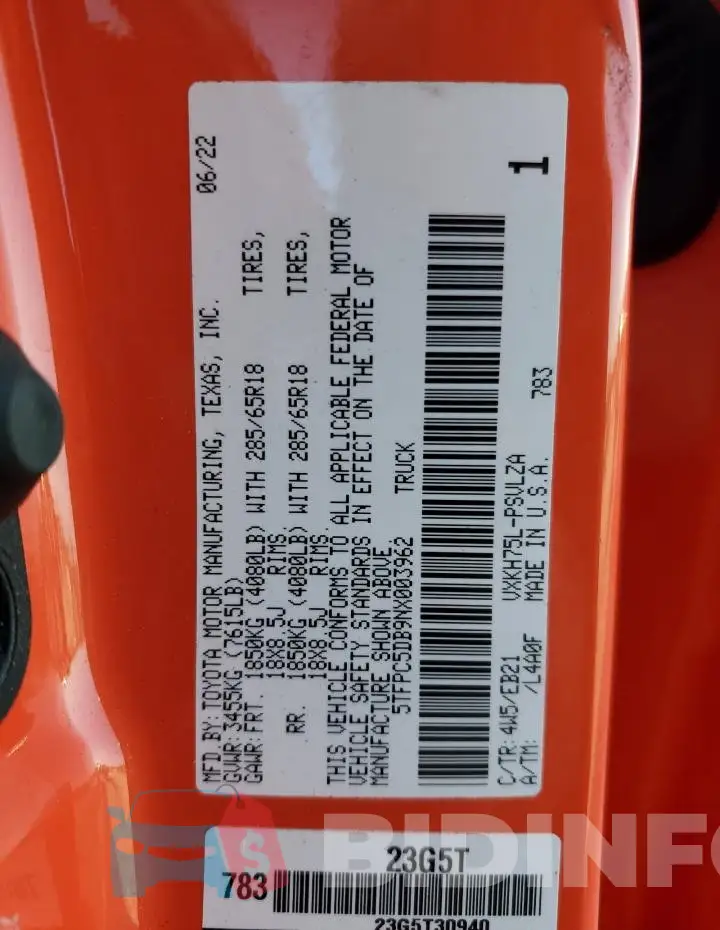 5TFPC5DB9NX003962 Photo# 12