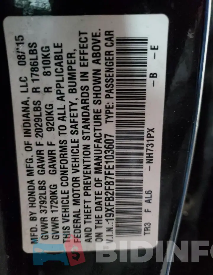 19XFB2F87FE103607 Photo# 12