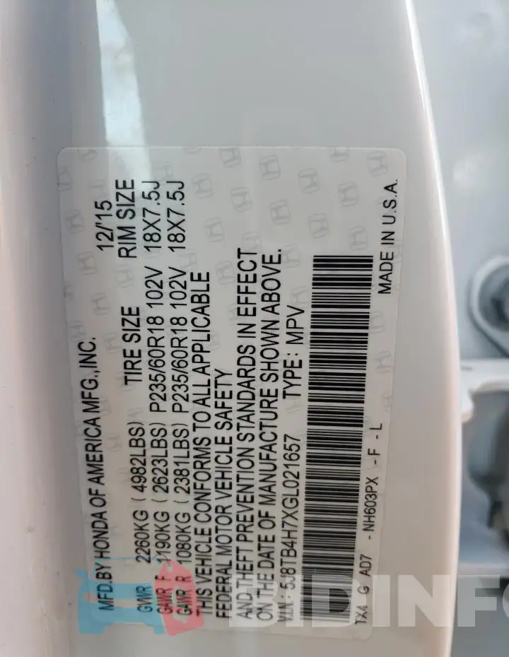 5J8TB4H7XGL021657 Photo# 13