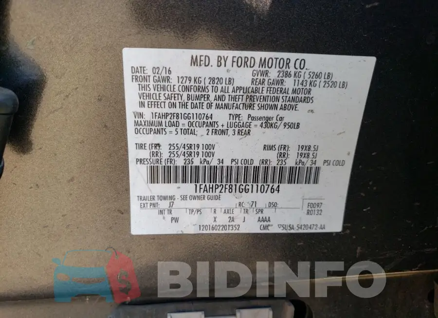 1FAHP2F81GG110764 Photo# 12