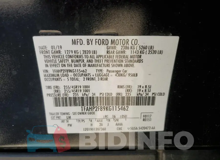 1FAHP2F89KG115462 Photo# 12