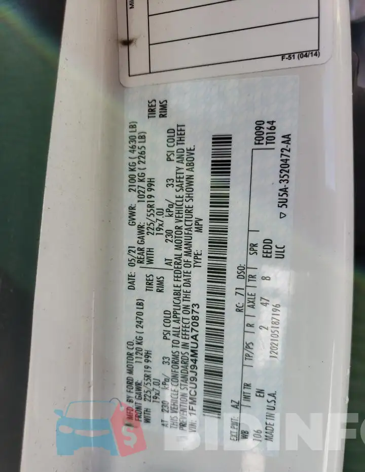 1FMCU9J94MUA70873 Photo# 13