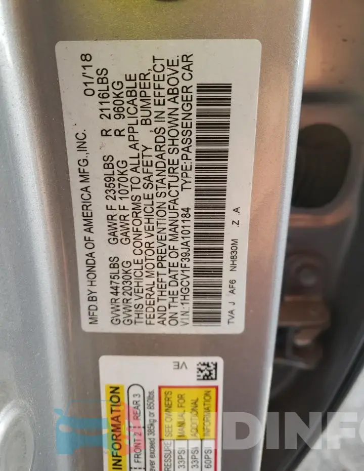 1HGCV1F39JA101184 Photo# 12