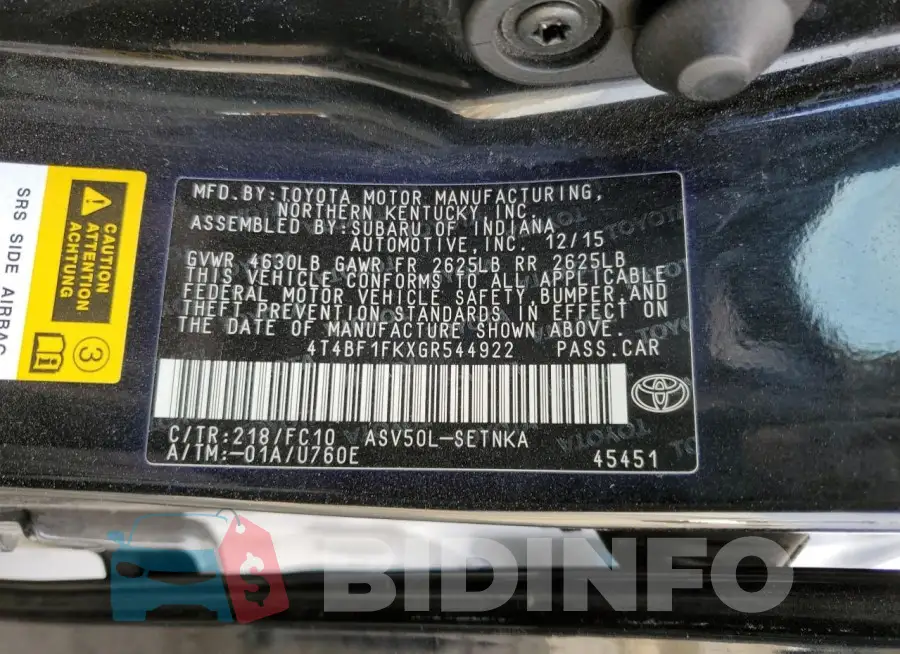 4T4BF1FKXGR544922 Photo# 12