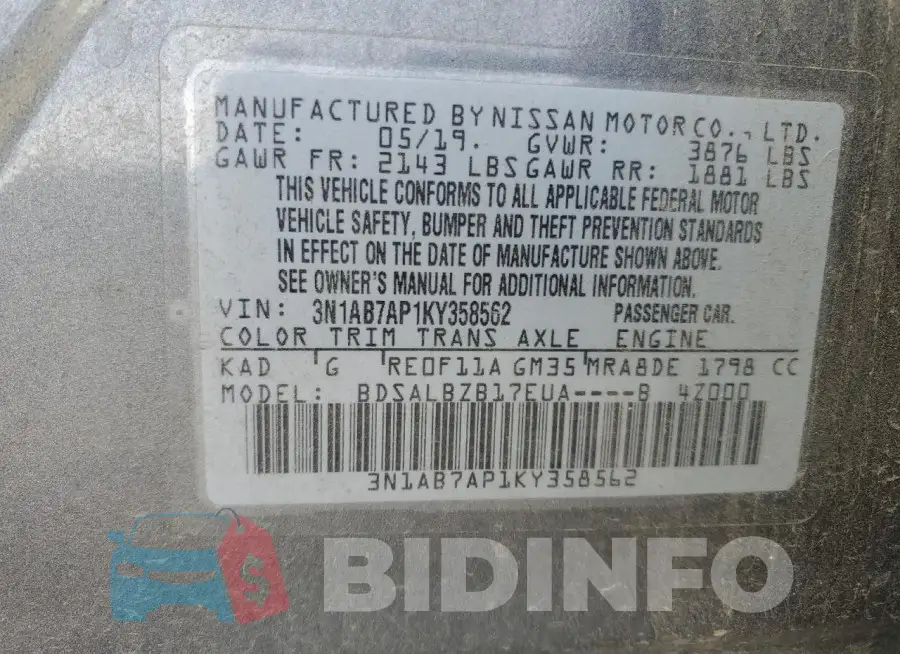 3N1AB7AP1KY358562 Photo# 12