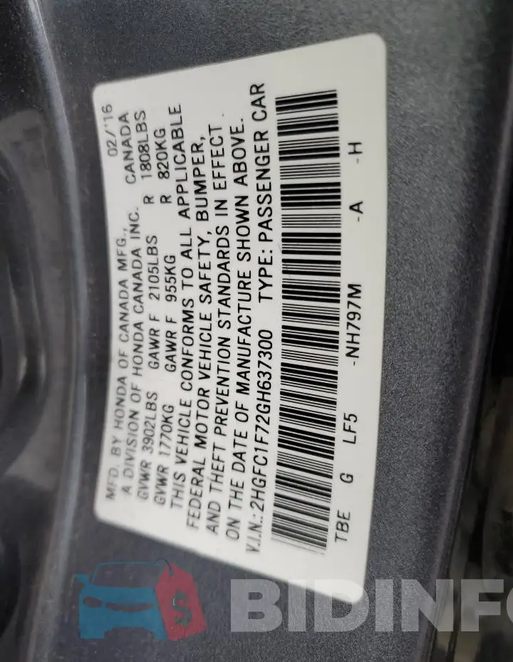 2HGFC1F72GH637300 Photo# 12