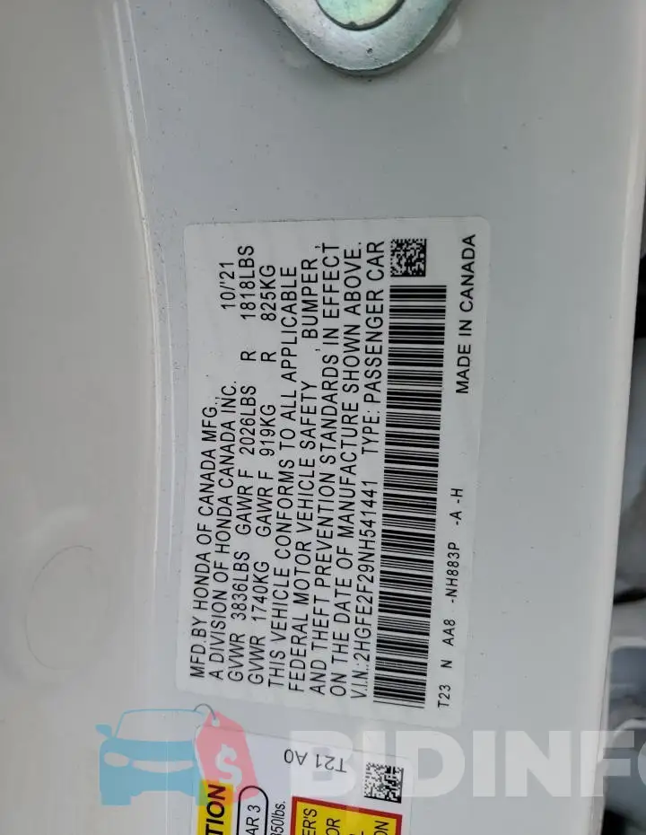 2HGFE2F29NH541441 Photo# 13
